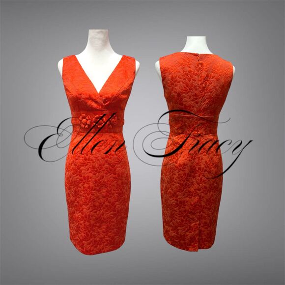 Ellen Tracy Jacquard Floral Orange V-neck Sleeveless Sheath Dress Size Small - Picture 1 of 14
